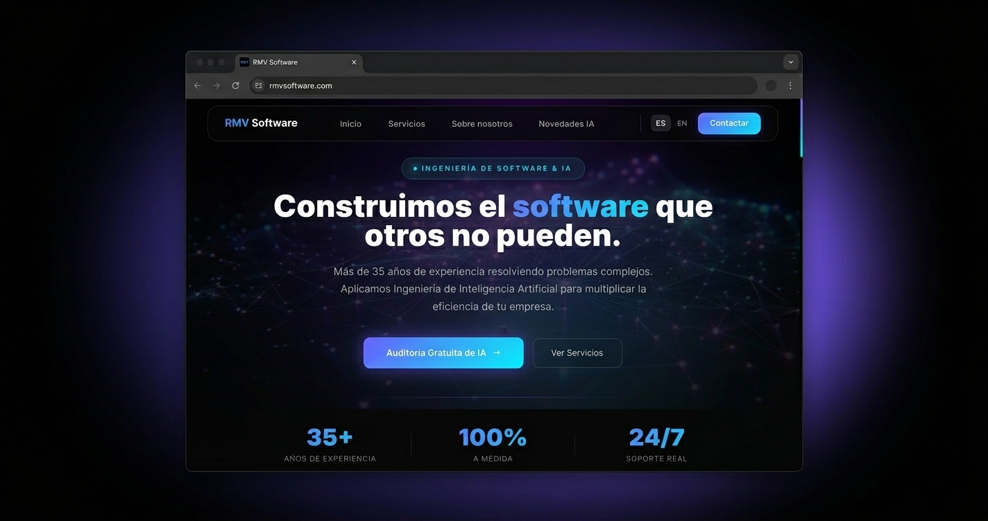 Captura de la web de RMV Software en un navegador dark mode